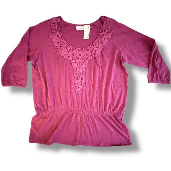 Avenue Boho Peasant Top Raspberry Crochet Trim Scoop Neck Smocked Waist, 18/20 - Picture 8 of 9